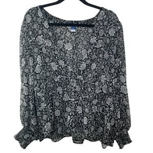 Old Navy‎ Blouse Floral Long Sleeve Smocked Cuff and Hem V-Neck Black White XXL
